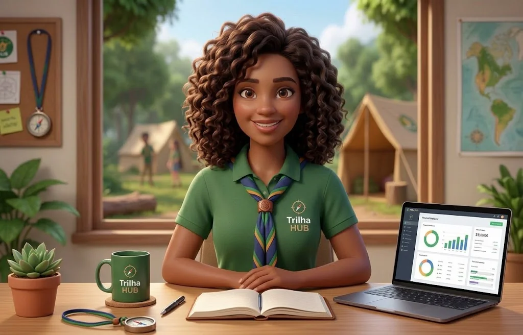 Bia, a escotista do Trilha HUB, sentada à mesa com um notebook mostrando o painel financeiro