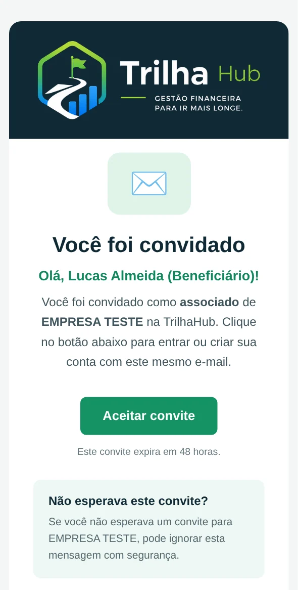 Convite por e-mail para o associado entrar na organização