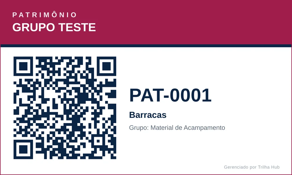 Etiqueta impressa PAT-0001 Barracas, grupo Material de Acampamento, com QR Code