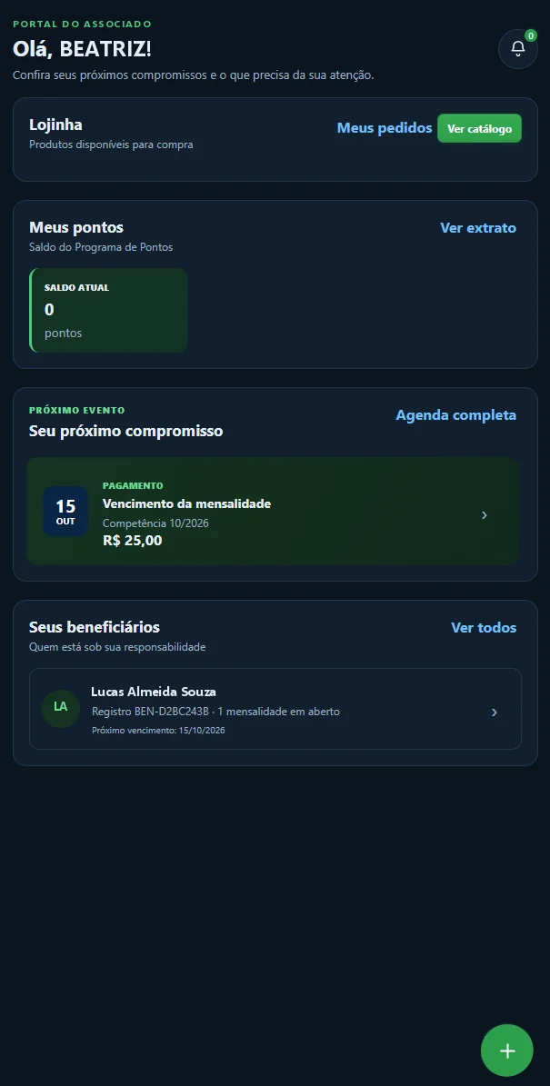 Área da família no modo escuro com lojinha, pontos e próximo compromisso