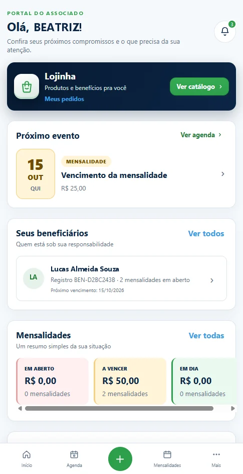 Área da família no celular com lojinha, próximo evento e mensalidades