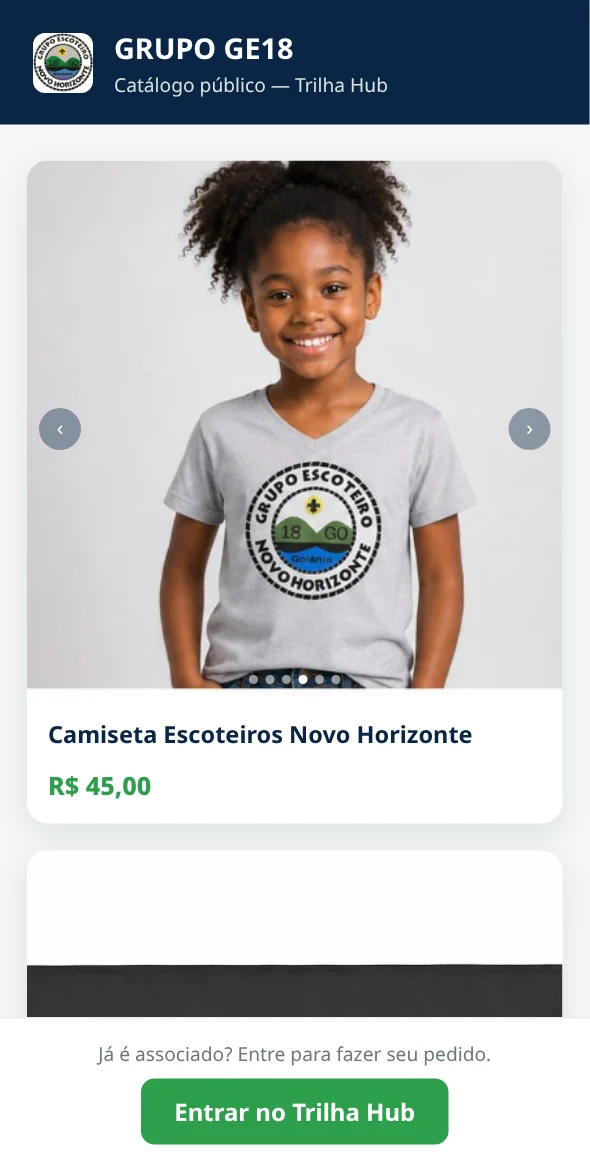 Lojinha pública do GE 18 no celular mostrando a camiseta do grupo por R$ 45,00