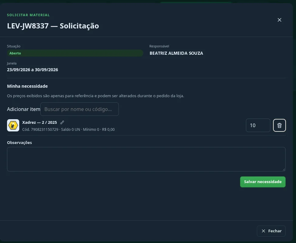 Tela de solicitação de material com a janela do levantamento, item adicionado e quantidade