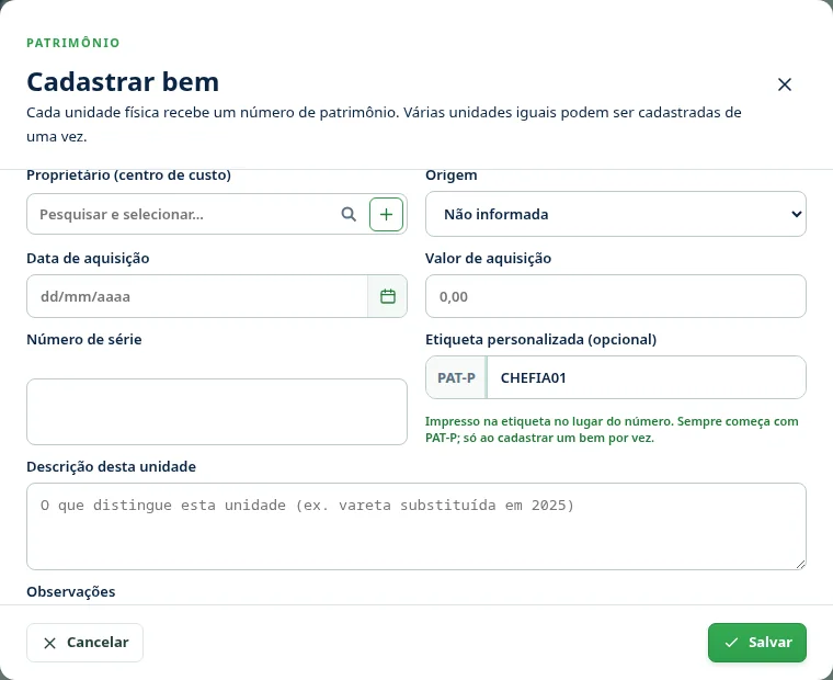 Tela Cadastrar bem do módulo Patrimônio