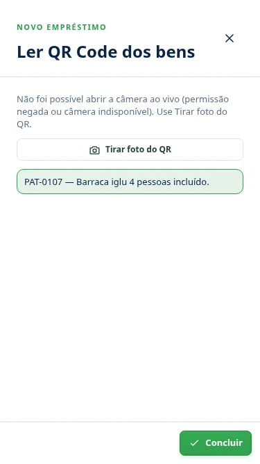 Leitura do QR Code da etiqueta no novo empréstimo