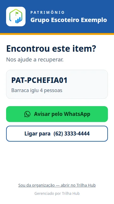 Página Encontrou este item? com a etiqueta PAT-PCHEFIA01 e os botões Avisar pelo WhatsApp e Ligar
