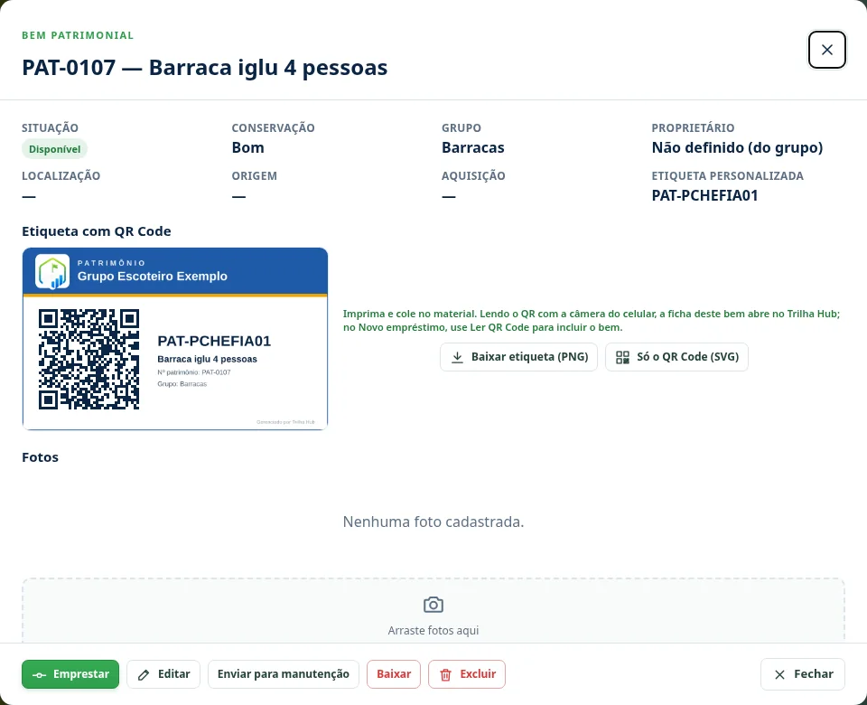Ficha do bem PAT-0107 Barraca iglu 4 pessoas com a etiqueta QR Code e os botões Baixar etiqueta e Só o QR Code