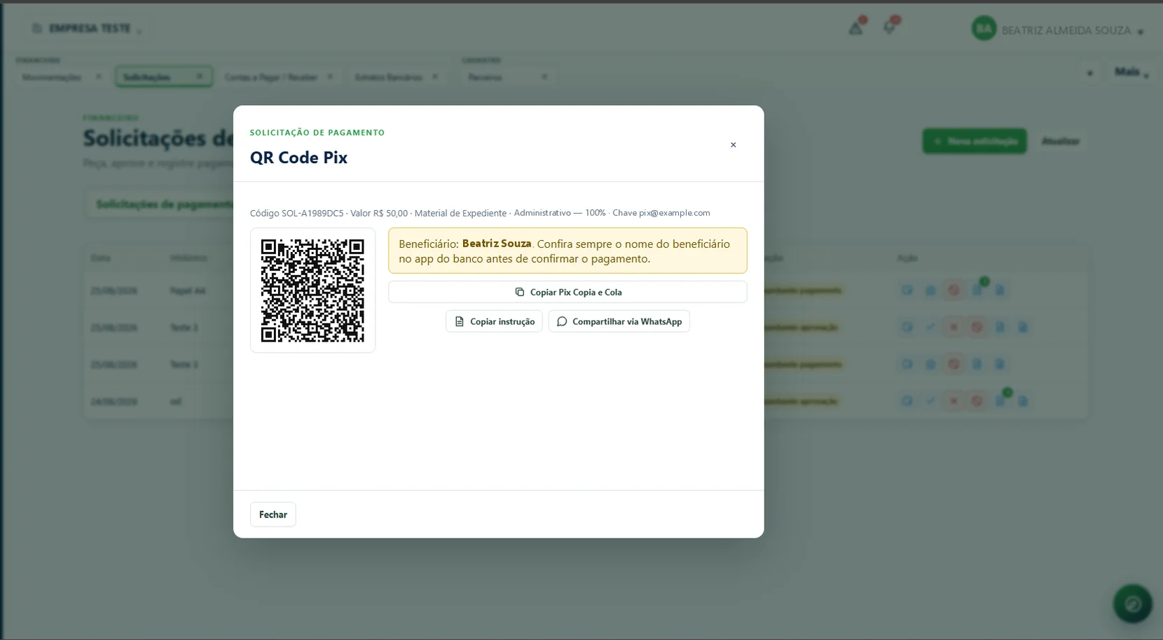 Solicitação de pagamento com QR Code Pix, Pix Copia e Cola e compartilhamento pelo WhatsApp